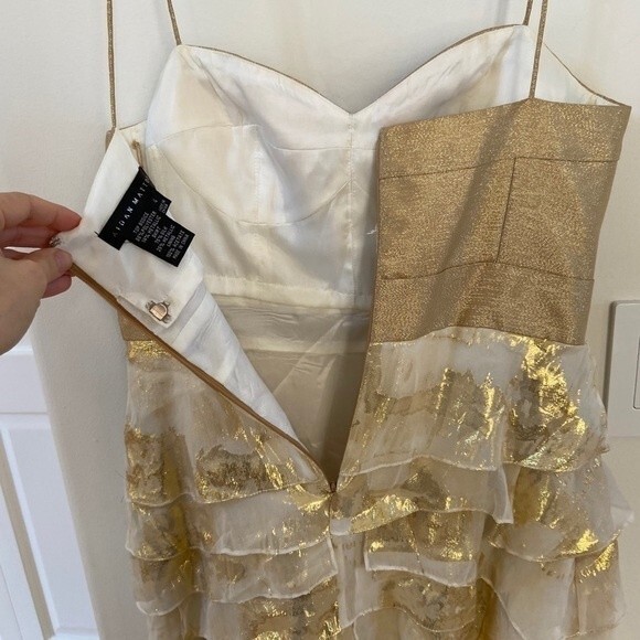 AIDAN MATTOX Silk Gold Leaf Ruffle Mini Dress 4 - Picture 5 of 10